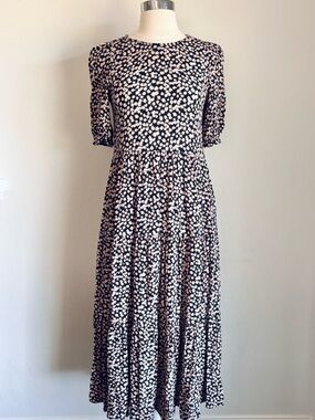 Zara Floral Print Tiered Midi Dress Elbow Sleeves Black Pink Pockets, Sz XS